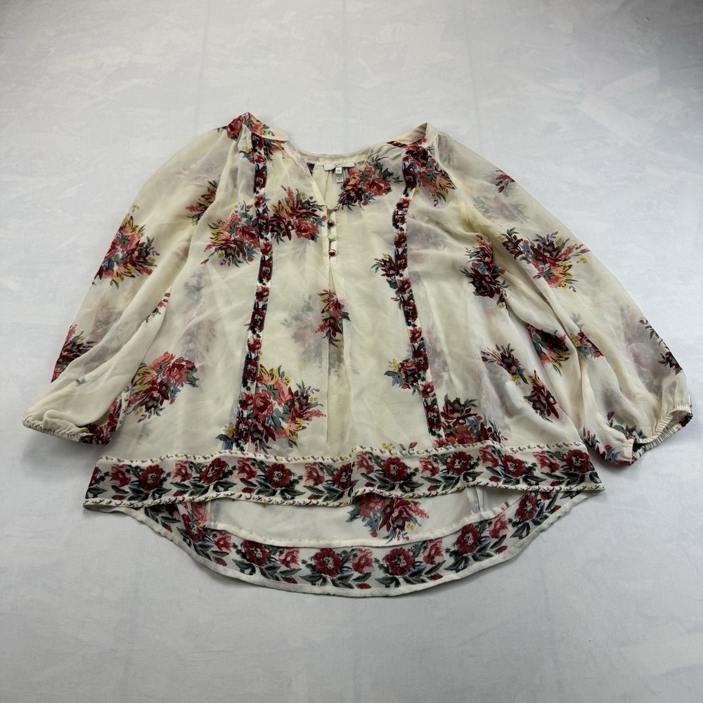 Joie Women's XS 100% Silk Floral Boho Blouse Ivory Red 3/4 Sleeve Tunic Top